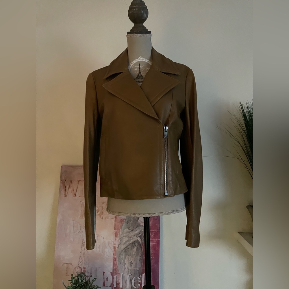 Theory Slim Moto Leather Jacket in Distressed Tan